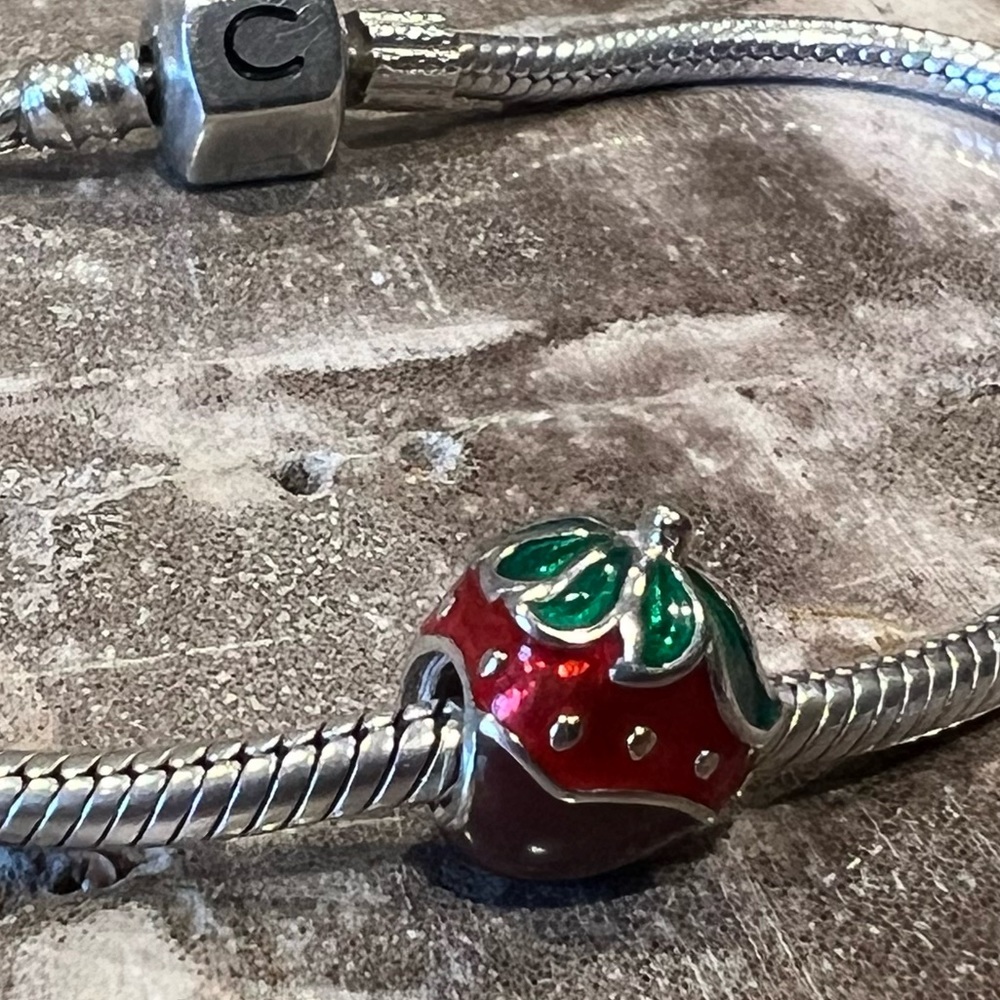 New Authentic Chamilia Swarovski Strawberry Chocolate Charm 925 Green Red Enamel
